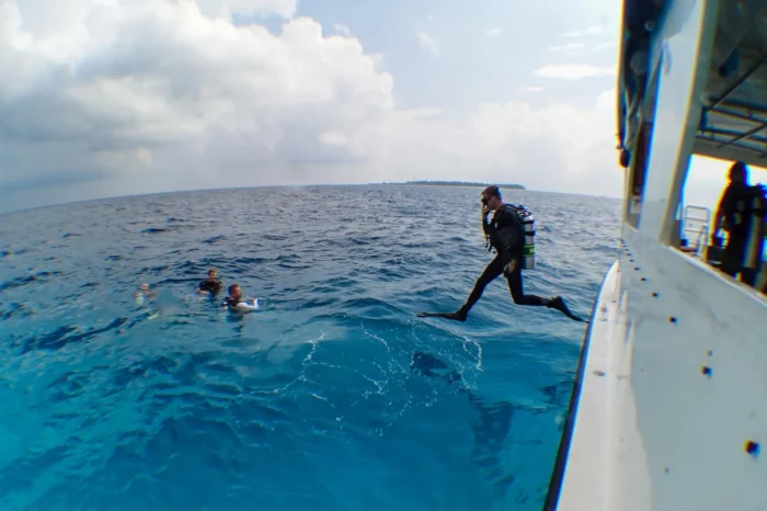 divers jump from the boat into the water and set off on a dive