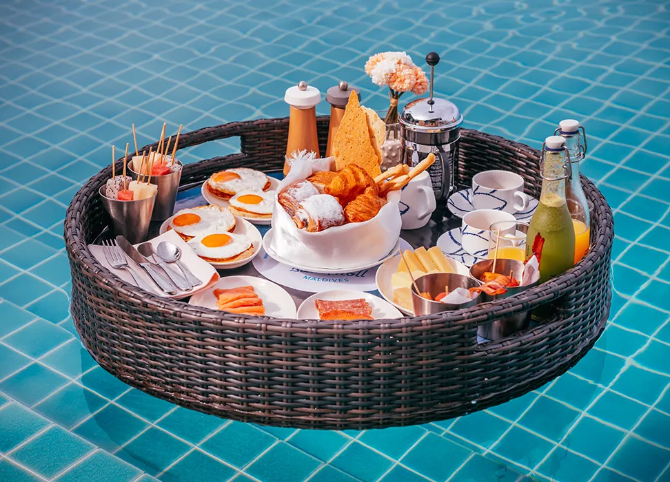 floating breakfast with all kinds of delicacies in the pool